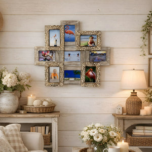Rustic multi-opening photo collage wall frame displayed on white shiplap wall in cozy cottage living room with woven lamp, candles, flowers, and vintage wood furniture.