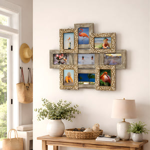 Farmhouse style multi-picture collage frame hanging on soft neutral wall above wooden entryway table with woven baskets, lamp, greenery, and natural decor accents.