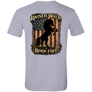 Gray t-shirt with a graphic of a horse and American flag, text 'Raised Wild, Born Free' on a white background.