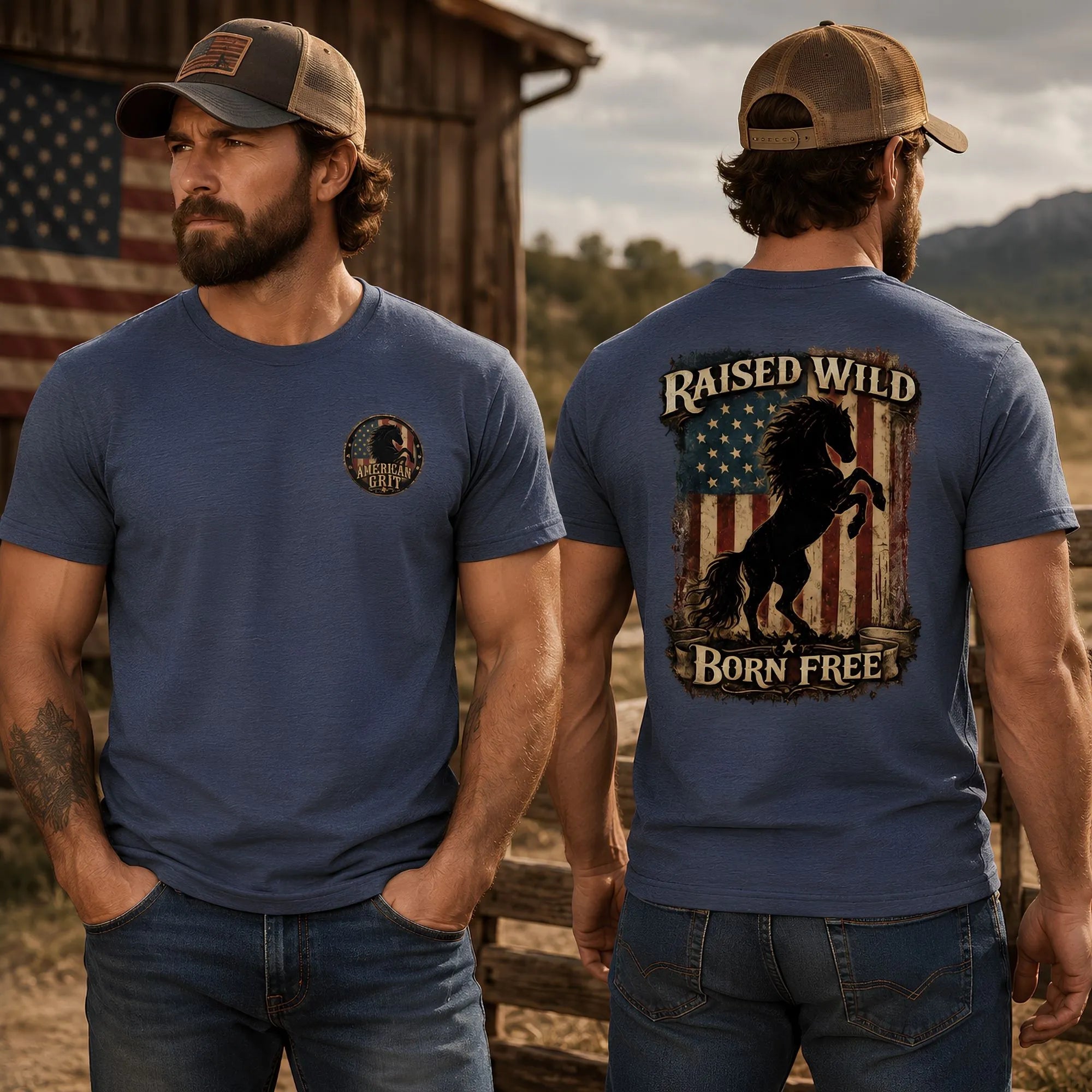 Man wearing a blue t-shirt with a front and back design in a rustic outdoor setting.