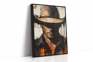 cowboy framed canvas in black wooden frame for cabin or ranch entryway