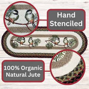 Chickadee Braided Oval Table Runner - 100% Natural Jute and Hand Stenciled | Farmhouse World