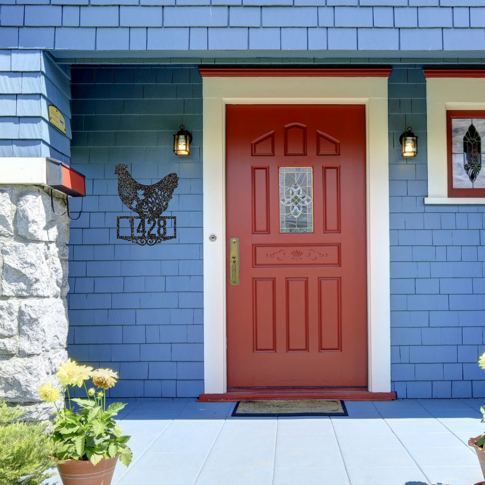 custom chicken farmhouse house number sign for front door