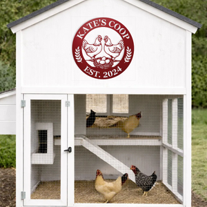 Personalized backyard chicken sign in red