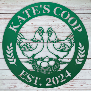Durable outdoor chicken coop sign in copper green