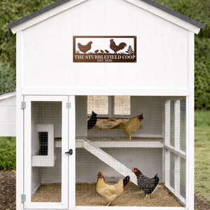 Personalized chicken family sign displayed on a rustic chicken coop with chickens