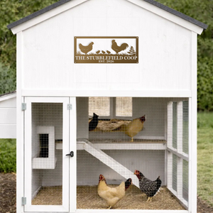 Outdoor chicken flock metal wall art featuring a rooster, hen, and baby chicks