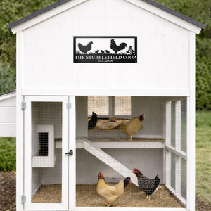 Custom rooster, hen, and chicks metal sign personalized with a family name and established year