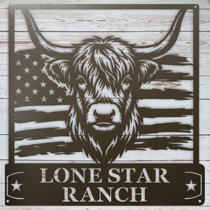 Metal sign with a Highland Cow and American flag design, featuring 'Lone Star Ranch' text that can be personalized with any text.
