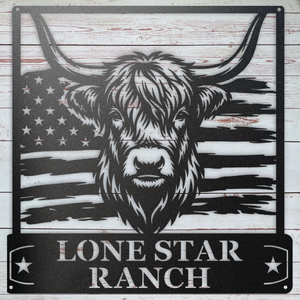 Custom Highland cow metal sign with personalized ranch name and American flag background