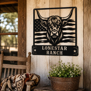 Personalized Highland cow ranch sign made from powder coated steel