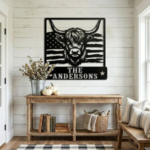 Custom farm sign with Highland cow artwork and patriotic American flag design