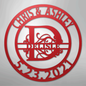 Red decorative wall art with 'Chris & Ashley' and a monogram on a gray background