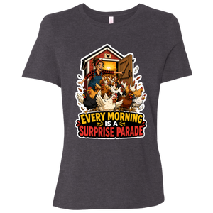 Happy chickens morning farm scene shirt for women