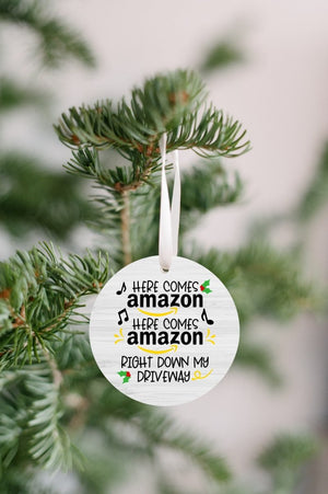funny online shopping Christmas ornament with Here Comes Amazon design