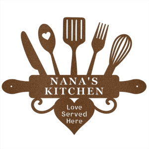 Decorative sign with kitchen utensils and 'Nana's Kitchen' text on a black background