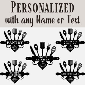 Set of personalized kitchen-themed signs with various names and text.
