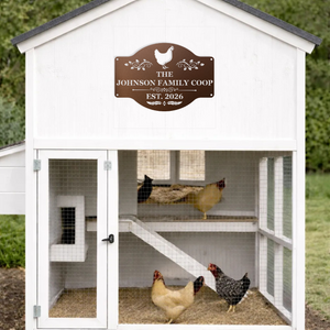 Metal chicken coop sign with personalized text and charming chicken artwork