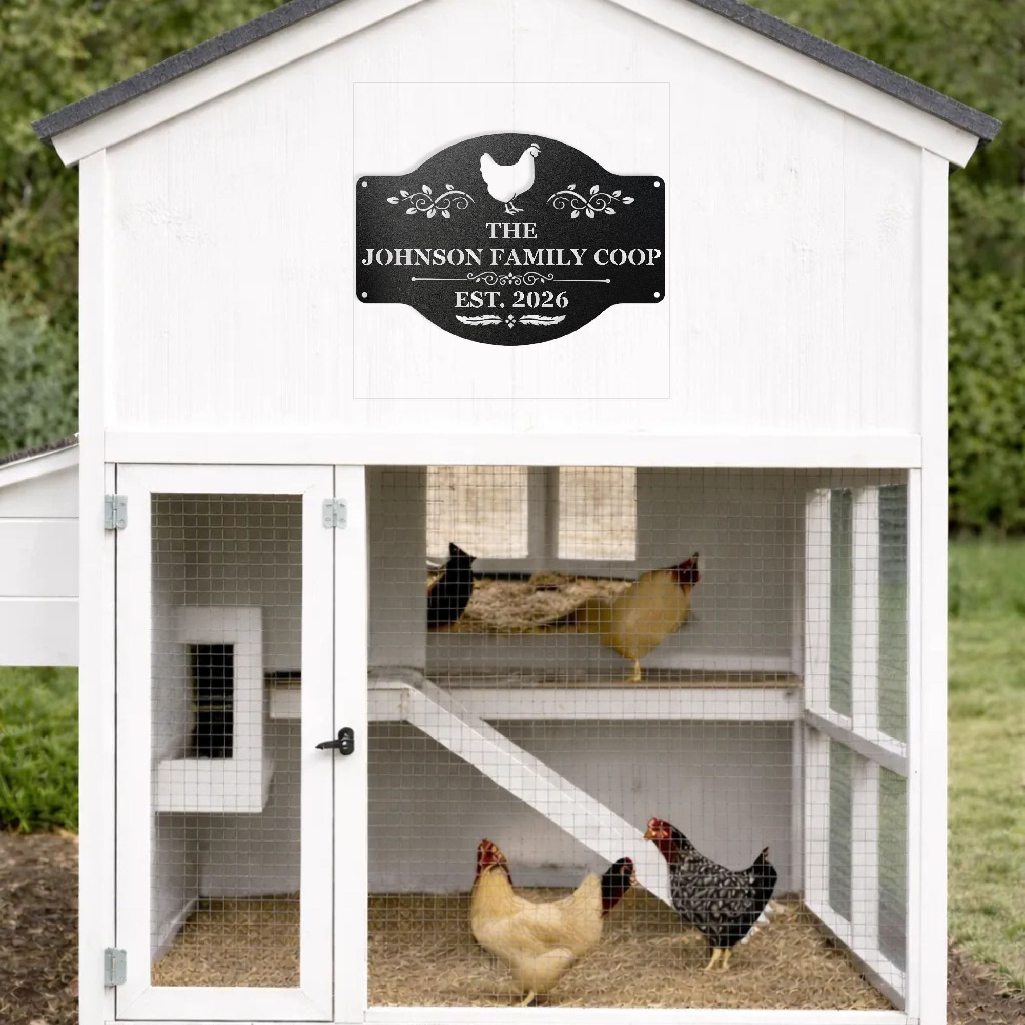 Custom metal chicken coop sign personalized with a hen house name for backyard flock owners