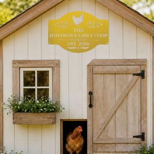 Personalized hen house wall sign with rustic chicken design for coop decor