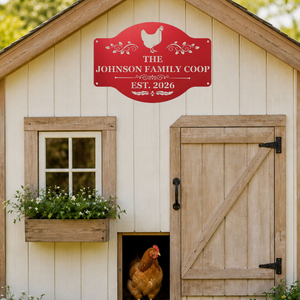Personalized metal chicken sign designed for outdoor coop and barn decor