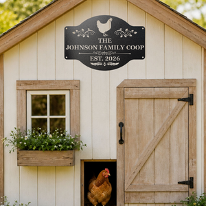 Personalized hen house sign for chicken coop door with rustic farmhouse style