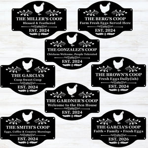 Set of personalized farm signs with chicken illustrations and text on a white background