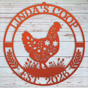 Decorative metal sign with a chicken silhouette and 'Winda's Coop' text on a wooden background