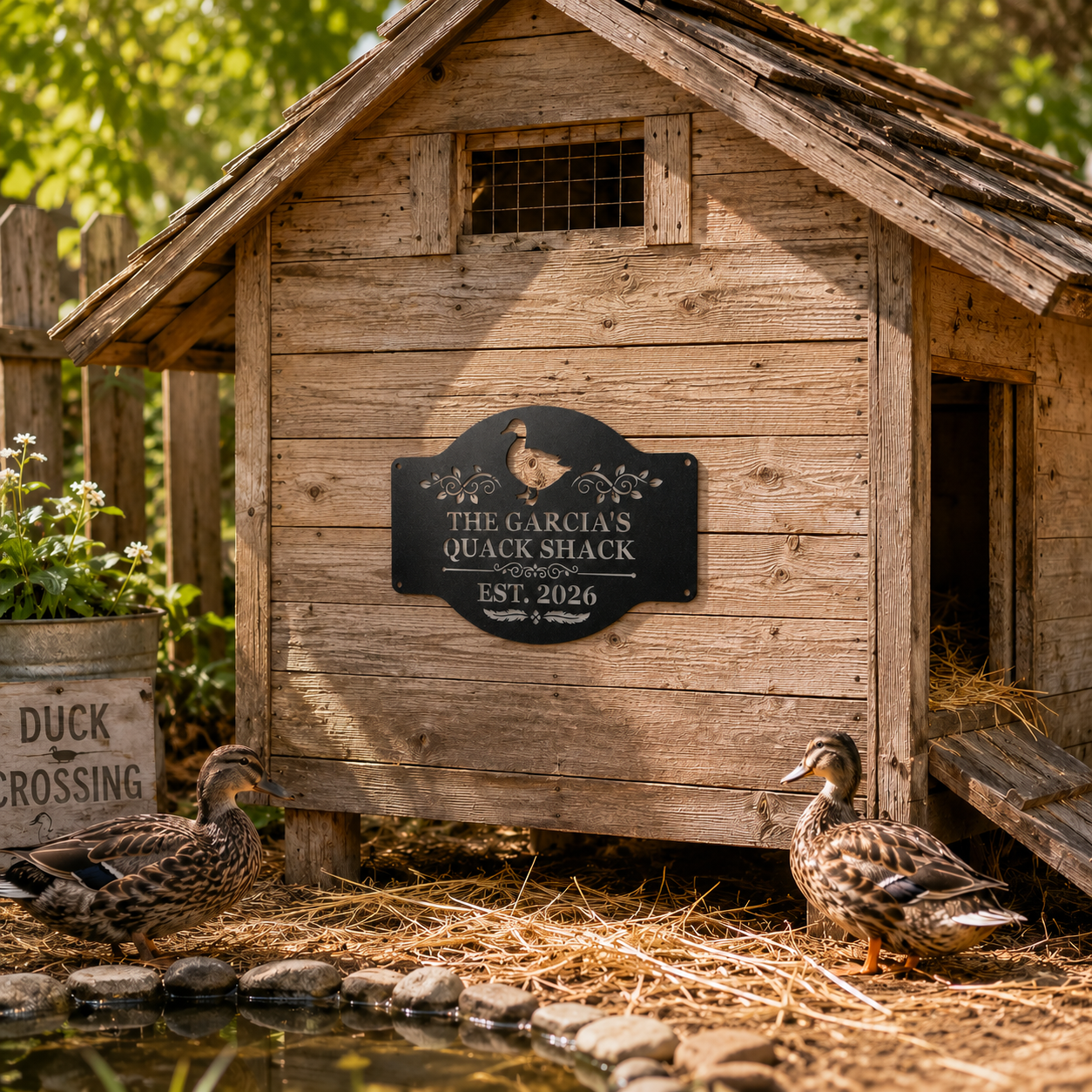 Personalized black metal duck coop sign mounted on a rustic wooden duck house with ducks, straw, and a backyard pond.
