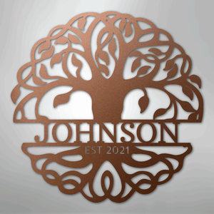 Decorative metal wall art shaped like a tree.