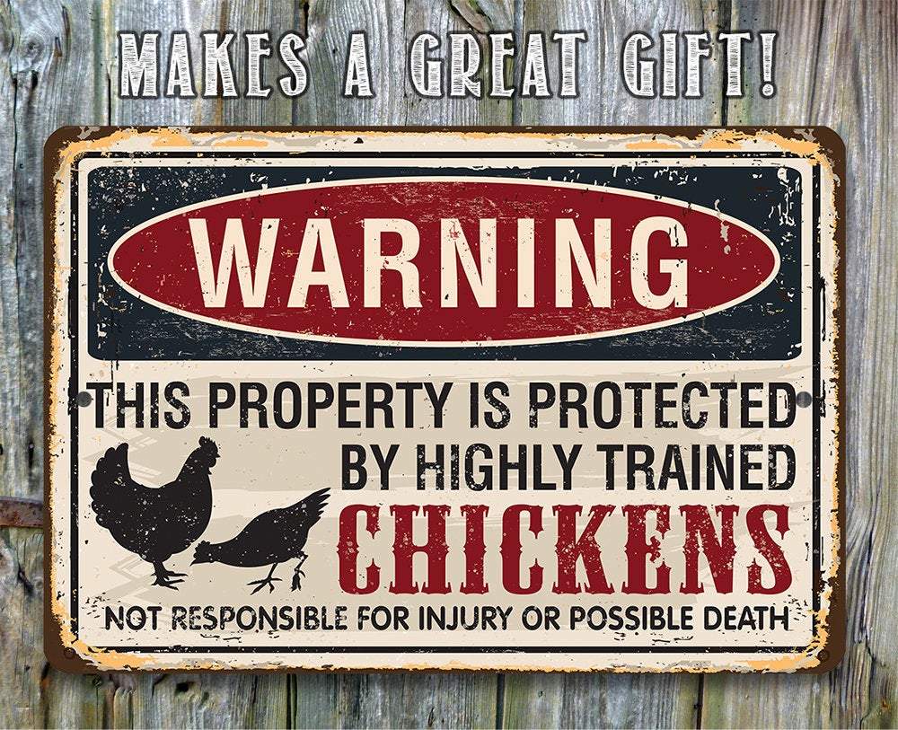 Property Protected by Chickens Metal Sign | Funny Coop Decor | Farmhouse World