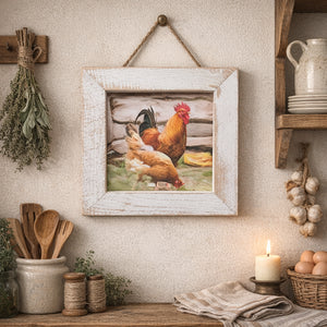 Framed artwork of chickens hanging on a rustic wall with wooden shelves and kitchen items.