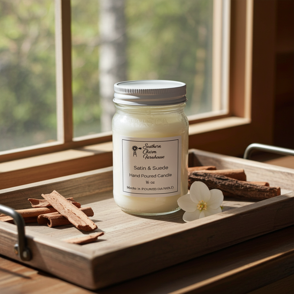 Satin & Suede Candle & Wax Melt | Jasmine & Woods | Farmhouse World