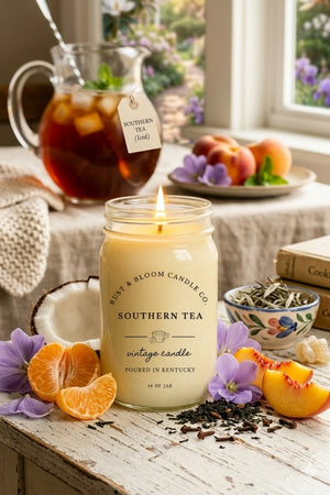 A Southern Tea jar candle packaged as a rustic gift idea for housewarmings or Southern-themed gift baskets.