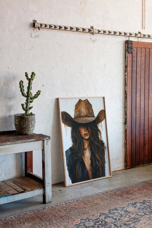southwestern cowgirl portrait canvas wall art with dark haired western woman
