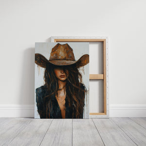 rustic glam cowgirl artwork with denim and cowboy hat