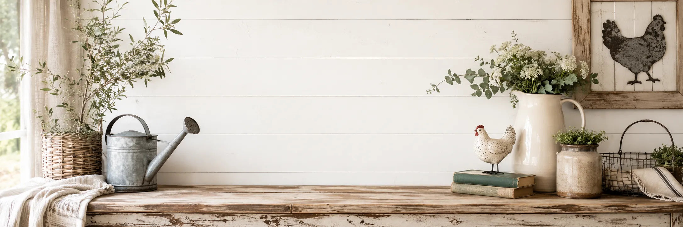 Rustic farmhouse blog banner with shiplap wall, weathered wood table, greenery, vintage watering can, chicken decor, ceramic pitcher, and cozy country accents.