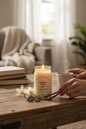 Farmhouse World Vanilla Bean 16 oz soy candle in a glass jar, surrounded by vanilla beans and orchids.