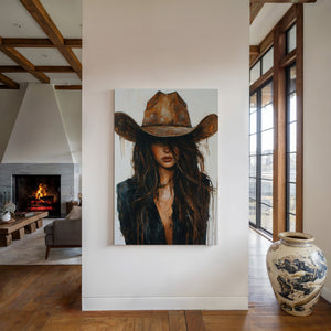 dark haired cowgirl wall art for ranch home decor