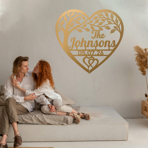 Gold personalized family name heart metal sign with custom date