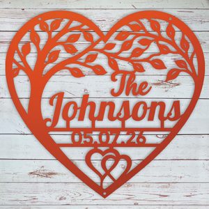 Orange colored Personalized family name heart sign with custom last name and special date
