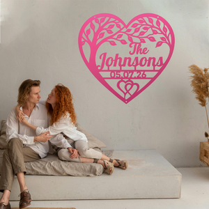 Pink Custom last name heart sign made from powder-coated steel