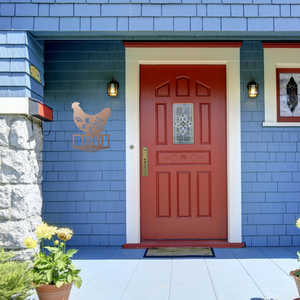 custom chicken farmhouse house number sign rose on porch