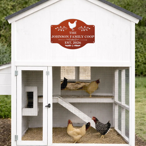 Personalized metal coop sign with chicken artwork for backyard hen house decor