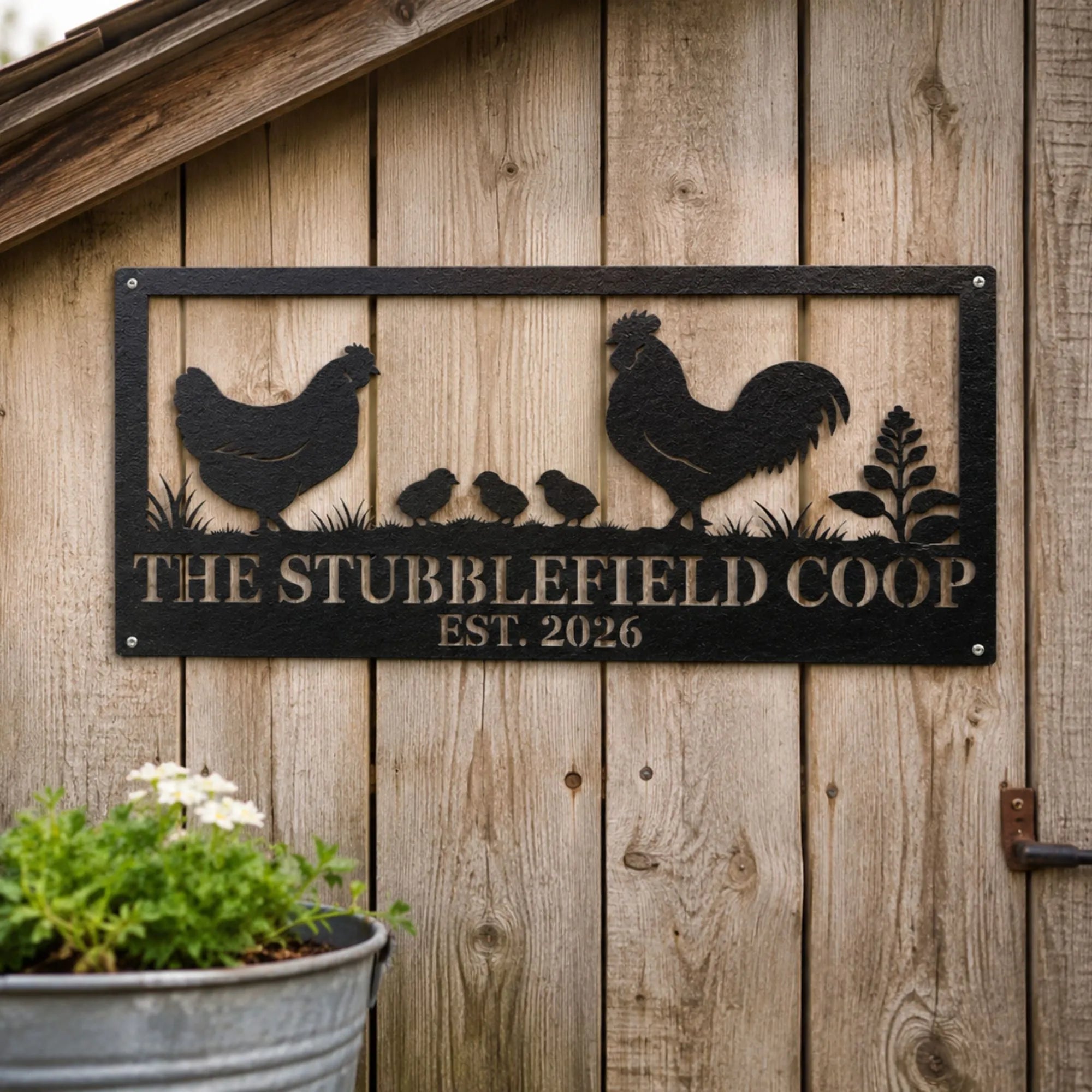 Custom Chicken Family Metal Sign with Rooster, Hen & Chicks