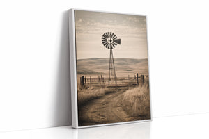 farmhouse canvas wall art with country windmill scene in white wooden frame