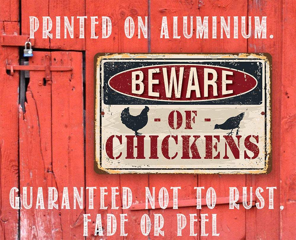 Beware of Chickens Metal Sign | Funny Chicken Coop Decor