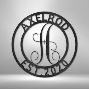 Established Family Name Metal Sign with Monogrammed Initial - Round | Farmhouse World