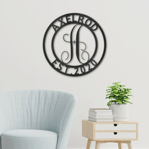 Established Family Name Metal Sign with Monogrammed Initial - Round | Farmhouse World