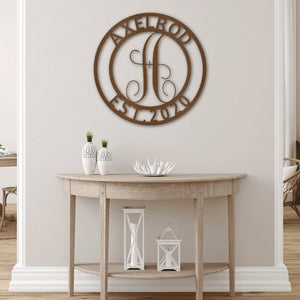 Established Family Name Metal Sign with Monogrammed Initial - Round | Farmhouse World